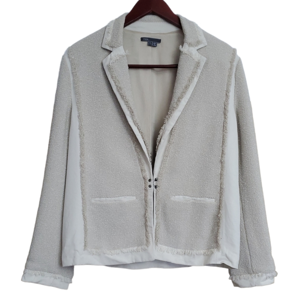 Vince Fringed Hook Front Tweed Blazer Cream Large